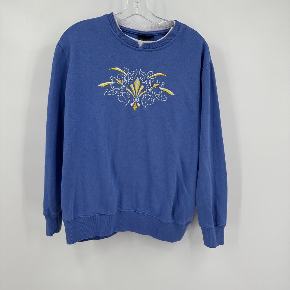Pembrook Womens Embroidered Sweatshirt‎ S Grandma Floral Blue Pullover Vintage
